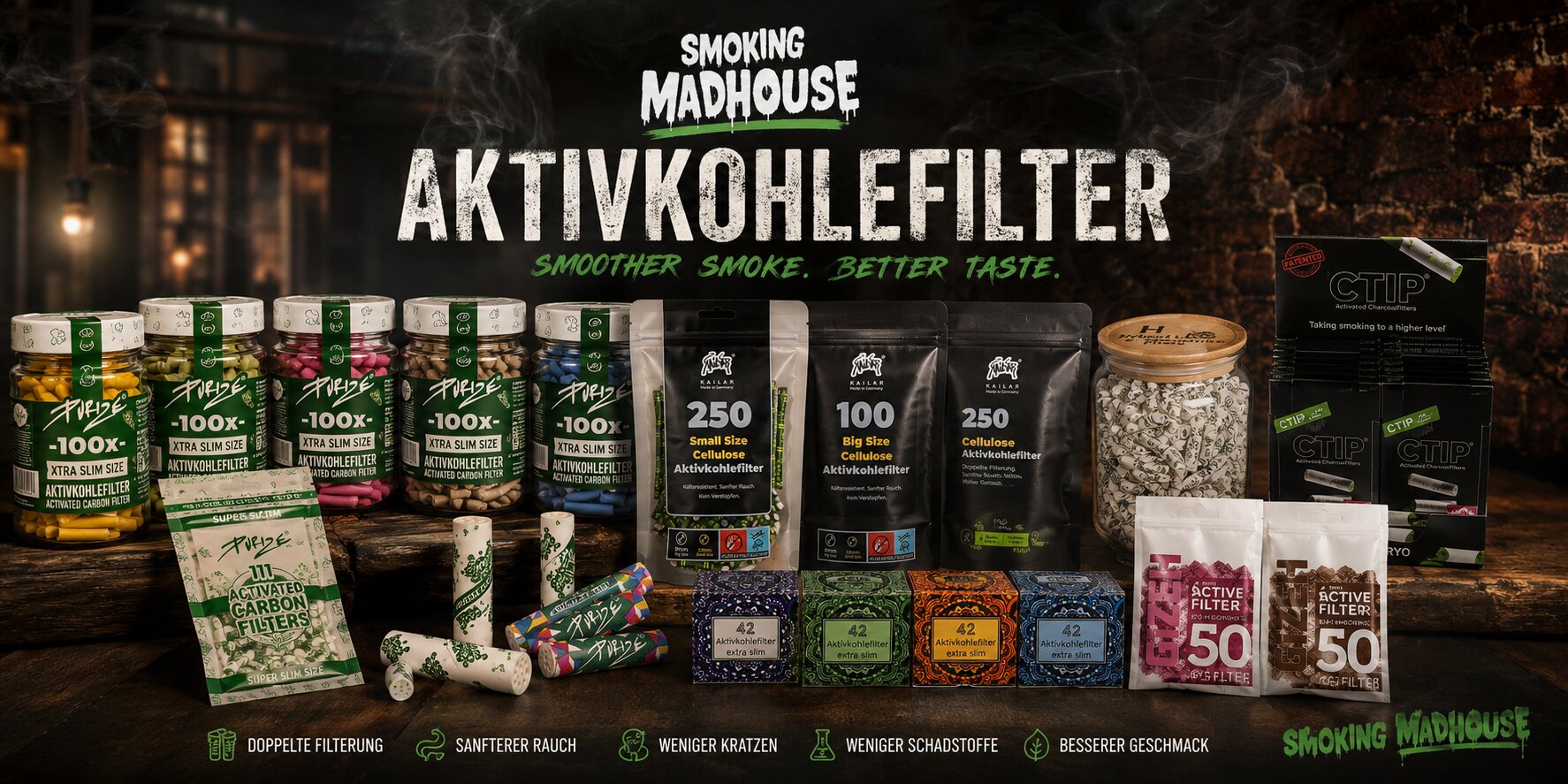 Produktwerbebanner für unser gesamte Aktivkohlefilter Kategorie mit visualisierung einiger produkte und einer CTA