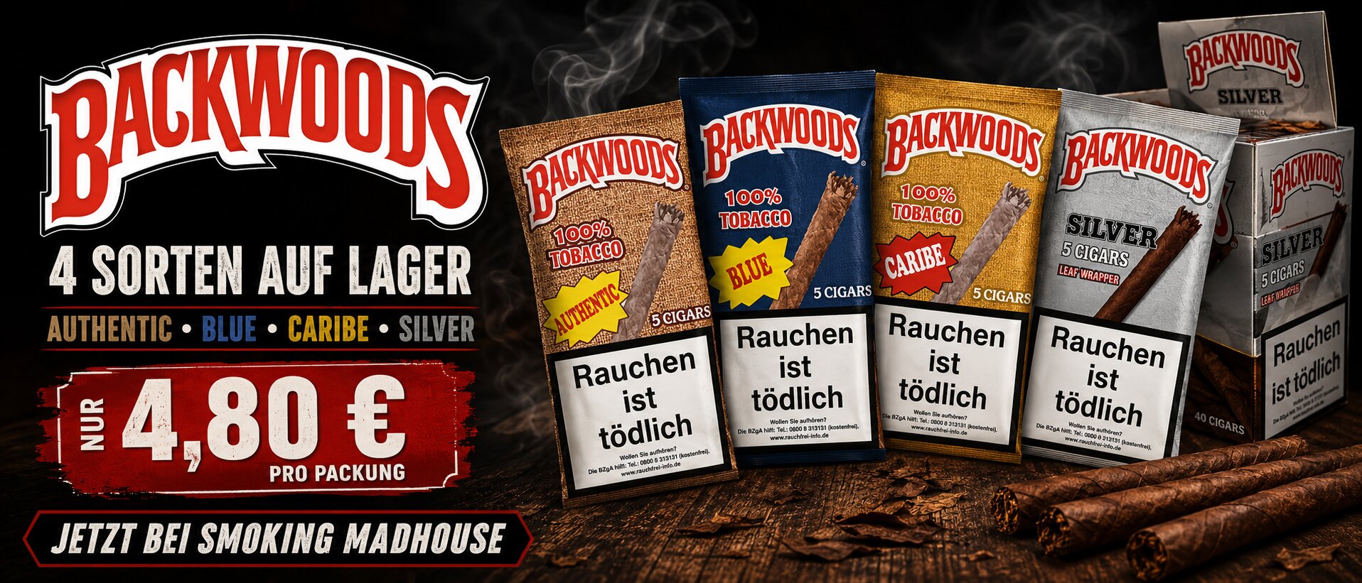 Banner für Backwoods Zigarren mit Produktvisualisierung, Preislabel 4,80€ und jetzt entdecken CTA
