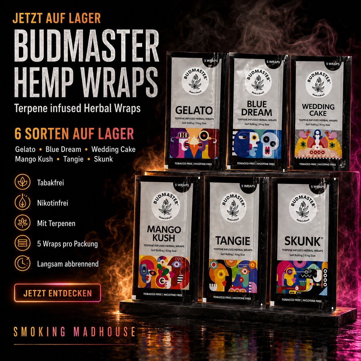 Werbebild für Budmaster Terpene infused Hemp Wraps mit produktvisualisierung