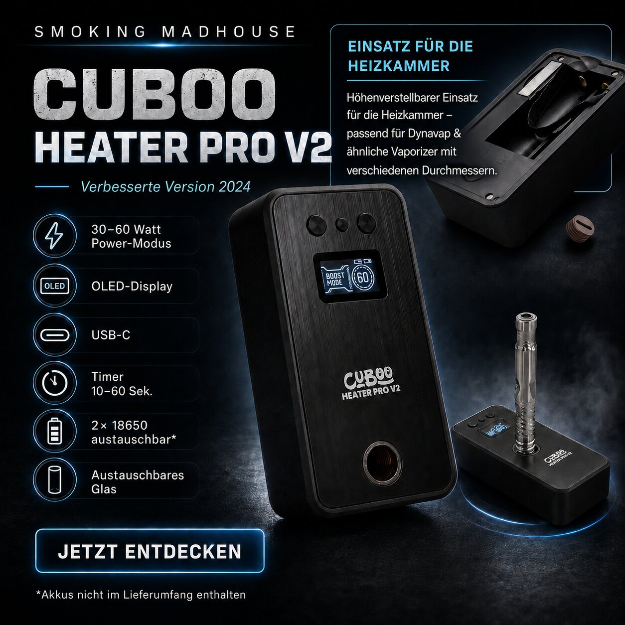 Werbebild zum Cuboo Heater Pro V2 Induktionsheizer mit OLED-Display, USB-C, Timer und Einsatz für die Heizkammer.