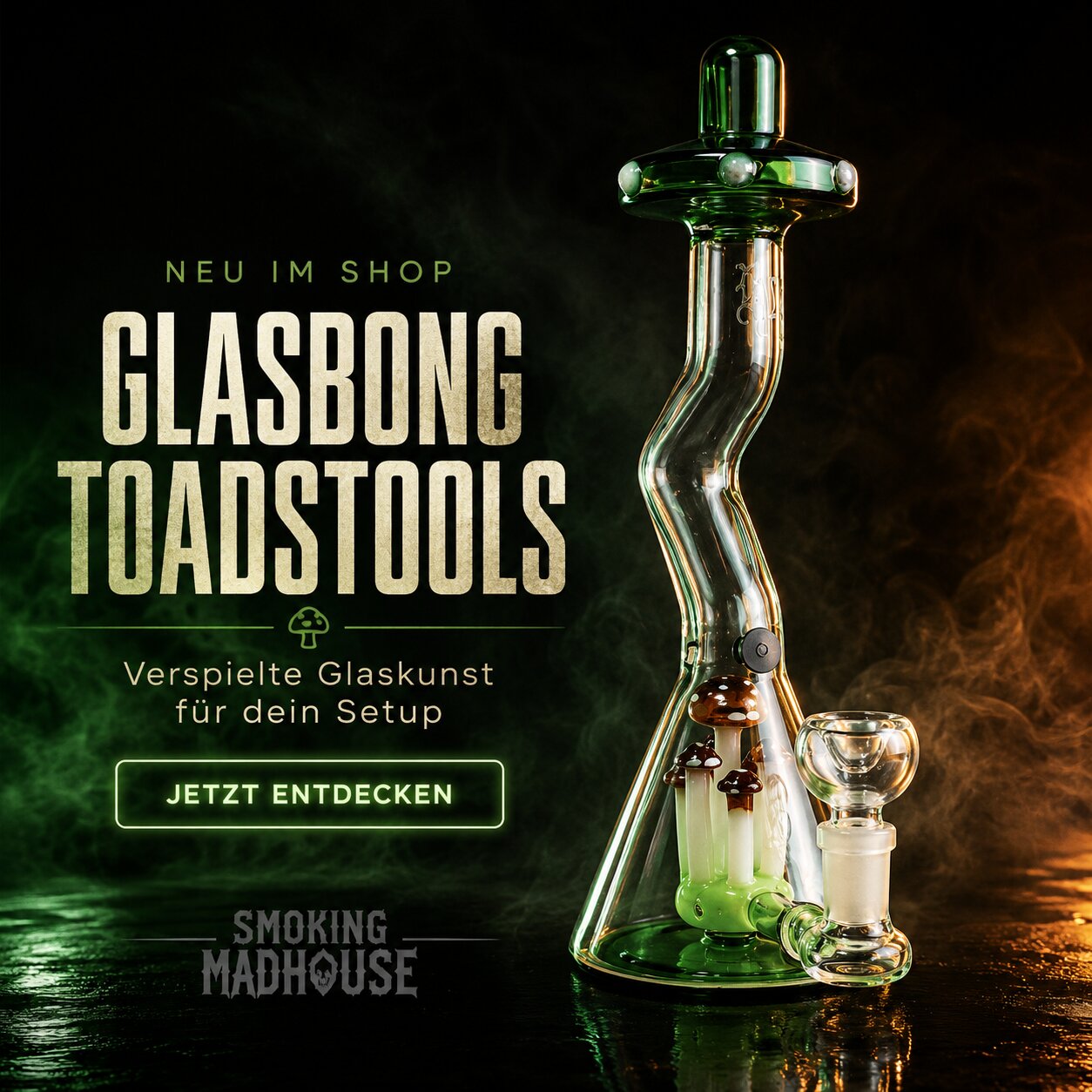 Werbebild für die Glasbong Toadstools mit Produktvisualisierung.