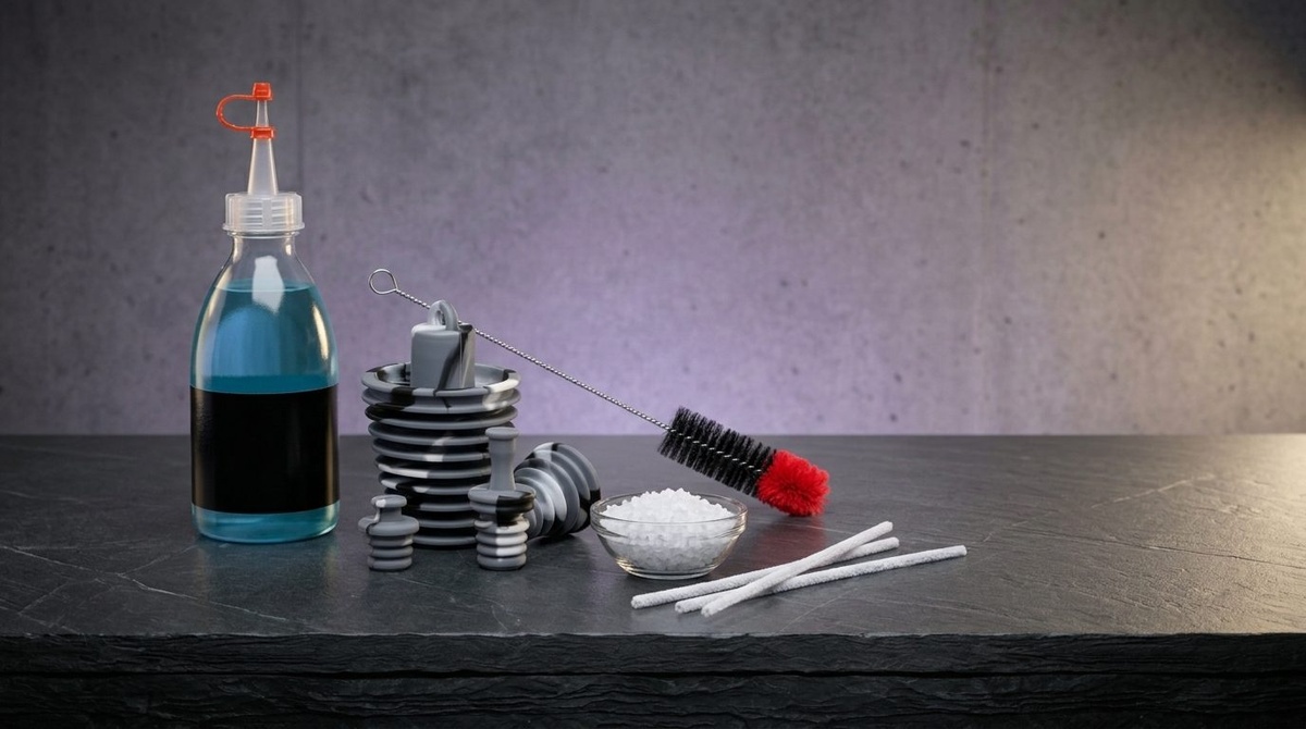 Reinigungsset auf Schieferplatte: Reinigerflasche, Silikonstopfen, Reinigungsbürste, Schale mit grobem Salz und Pfeifenreiniger
